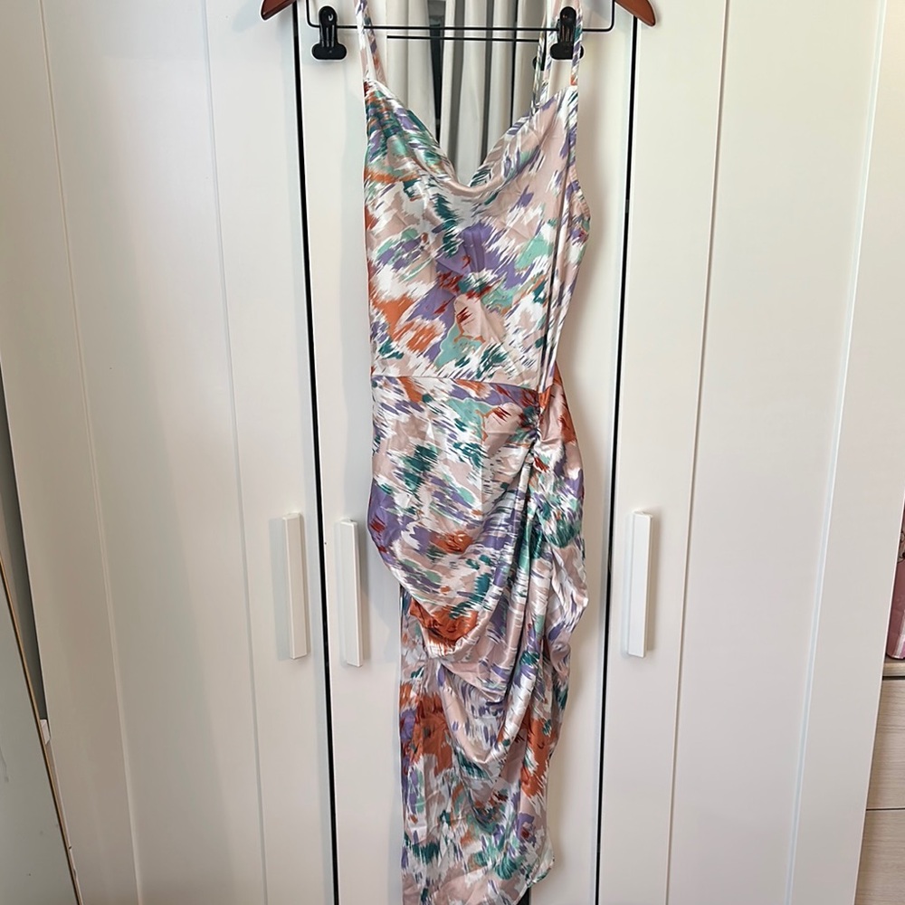 Cider Asymmetrical Ruched Orange and Purple Sundress